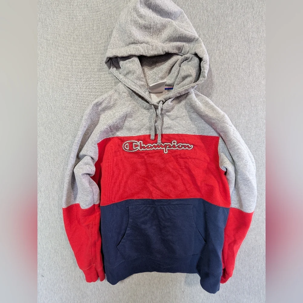 Champion Colorblock Pullover Hoodie Women's Medium Gray Red Blue Logo Front - Picture 2 of 16